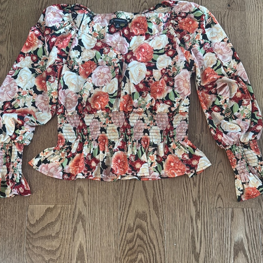 INC Floral Red and Pink Smocked Peplum Blouse